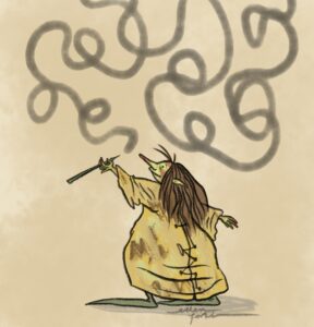 A digital drawing of a goblin painting large squiggles with a paintbrush. The background is tan. Signature: Ellen Forkin.