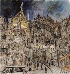 A watercolour painting showing a scene of Edinburgh's old town at night. Tall old brick buildings lean in towards a cobble street, which curves away to the left up a hill. Christmas lights are hanging over the street between the buildings, glowing next to a set up steps squeezed between two buildings. Some buildings have a yellow glow from upward pointing lights, and you can see black iron balconies in front of some windows. There are sketchy painted people walking down the street, and a mini in the left foreground. The sky is a deep blue, and almost black above the tallest tower-like building.